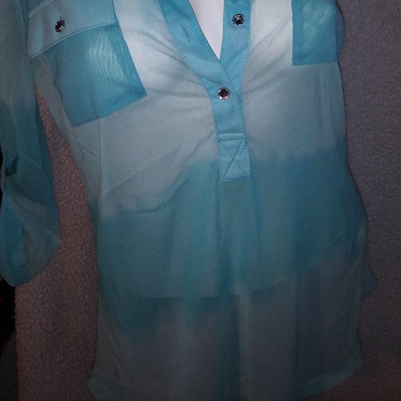 INC International Concepts Baby Blue Sheer Long Sleeve Blouse - Picture 2 of 10